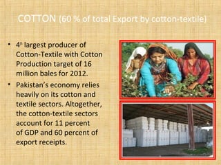 COTTON (60 % of total Export by cotton-textile)
• 4th
largest producer of
Cotton-Textile with Cotton
Production target of 16
million bales for 2012.
• Pakistan’s economy relies
heavily on its cotton and
textile sectors. Altogether,
the cotton-textile sectors
account for 11 percent
of GDP and 60 percent of
export receipts.
 