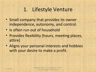 1. Lifestyle Venture
• Small company that provides its owner
independence, autonomy, and control.
• Is often run out of household
• Provides flexibility (hours, meeting places,
attire)
• Aligns your personal interests and hobbies
with your desire to make a profit.
BENAZIR BHUTTO SHAHEED YOUTH
DEVELOPMENT PROGRAM
07/08/14
 