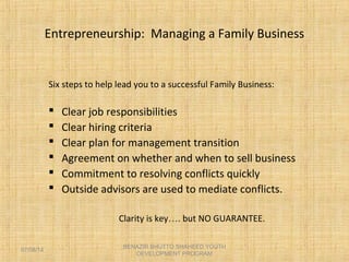 Entrepreneurship: Managing a Family Business
Six steps to help lead you to a successful Family Business:
 Clear job responsibilities
 Clear hiring criteria
 Clear plan for management transition
 Agreement on whether and when to sell business
 Commitment to resolving conflicts quickly
 Outside advisors are used to mediate conflicts.
Clarity is key…. but NO GUARANTEE.
BENAZIR BHUTTO SHAHEED YOUTH
DEVELOPMENT PROGRAM
07/08/14
 