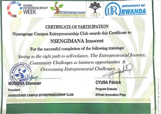Entrepreneurship certificate awarded to innocent nsengimana