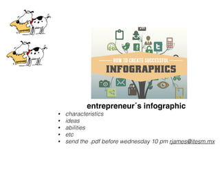 entrepreneur´s infographic!
• characteristics
• ideas
• abilities
• etc
• send the .pdf before wednesday 10 pm rjames@itesm.mx
 