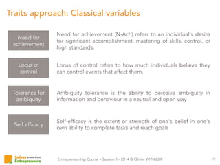 Entrepreneurship Course – Session 1 - 2014 © Olivier WITMEUR
Traits approach: Classical variables
19
Need for achievement (N-Ach) refers to an individual's desire
for significant accomplishment, mastering of skills, control, or
high standards.
Locus of control refers to how much individuals believe they
can control events that affect them.
Need for
achievement
Locus of
control
Ambiguity tolerance is the ability to perceive ambiguity in
information and behaviour in a neutral and open way
Tolerance for
ambiguity
Self-efficacy is the extent or strength of one's belief in one's
own ability to complete tasks and reach goals
Self efficacy
 
