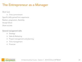 Entrepreneurship Course – Session 1 - 2014 © Olivier WITMEUR
The Entrepreneur as a Manager
24
Work hard
Ø  Time commitment!
Specific skills gained from experience
Realism, pragmatism, flexibility
Accept failure
Share success
General management skills
Ø  Strategy
Ø  Sales & Marketing
Ø  Project management and planning
Ø  Time management
Ø  Finances
 