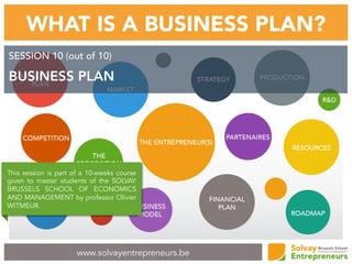 www.solvayentrepreneurs.be
WHAT IS A BUSINESS PLAN?
SESSION 10 (out of 10)
BUSINESS PLAN
This session is part of a 10-weeks course
given to master students of the SOLVAY
BRUSSELS SCHOOL OF ECONOMICS
AND MANAGEMENT by professor Olivier
WITMEUR.
 
