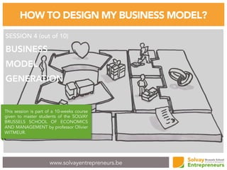 www.solvayentrepreneurs.be
HOW TO DESIGN MY BUSINESS MODEL?
SESSION 4 (out of 10)
BUSINESS
MODEL
GENERATION
This session is part of a 10-weeks course
given to master students of the SOLVAY
BRUSSELS SCHOOL OF ECONOMICS
AND MANAGEMENT by professor Olivier
WITMEUR.
 