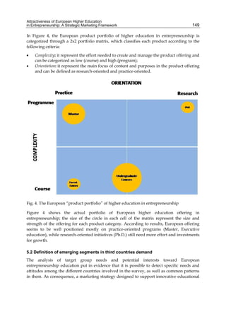 Attractiveness of European Higher Education
in Entrepreneurship: A Strategic Marketing Framework 149
In Figure 4, the European product portfolio of higher education in entrepreneurship is
categorized through a 2x2 portfolio matrix, which classifies each product according to the
following criteria:
 Complexity: it represent the effort needed to create and manage the product offering and
can be categorized as low (course) and high (program);
 Orientation: it represent the main focus of content and purposes in the product offering
and can be defined as research-oriented and practice-oriented.
Fig. 4. The European “product portfolio” of higher education in entrepreneurship
Figure 4 shows the actual portfolio of European higher education offering in
entrepreneurship; the size of the circle in each cell of the matrix represent the size and
strength of the offering for each product category. According to results, European offering
seems to be well positioned mostly on practice-oriented programs (Master, Executive
education), while research-oriented initiatives (Ph.D.) still need more effort and investments
for growth.
5.2 Definition of emerging segments in third countries demand
The analysis of target group needs and potential interests toward European
entrepreneurship education put in evidence that it is possible to detect specific needs and
attitudes among the different countries involved in the survey, as well as common patterns
in them. As consequence, a marketing strategy designed to support innovative educational
 