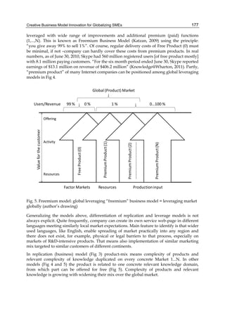 Creative Business Model Innovation for Globalizing SMEs 177
leveraged with wide range of improvements and additional premium (paid) functions
(1,...,N). This is known as Freemium Business Model (Katzan, 2009) using the principle:
“you give away 99% to sell 1%”. Of course, regular delivery costs of Free Product (0) must
be minimal, if not –company can hardly cover these costs from premium products. In real
numbers, as of June 30, 2010, Skype had 560 million registered users [of free product mostly]
with 8.1 million paying customers. “For the six month period ended June 30, Skype reported
earnings of $13.1 million on revenue of $406.2 million” (Knowledge@Wharton, 2011). Partly,
“premium product” of many Internet companies can be positioned among global leveraging
models in Fig 4.
Value
for
the
customer
Offering
Activity
Resources
Free
Product
(0)
Premium
Product
(1)
Premium
Product
(2)
……………………………….
Premium
Product
(N)
Factor Markets Resources Productioninput
Global (Product) Market
0 %
99 %
Users/Revenue 1 % 0…100 %
Fig. 5. Freemium model: global leveraging “freemium” business model = leveraging market
globally (author’s drawing)
Generalizing the models above, differentiation of replication and leverage models is not
always explicit. Quite frequently, company can create its own service web-page in different
languages meeting similarly local market expectations. Main feature to identify is that wider
used languages, like English, enable spreading of market practically into any region and
there does not exist, for example, physical or legal barriers to that process, especially on
markets of R&D-intensive products. That means also implementation of similar marketing
mix targeted to similar customers of different continents.
In replication (business) model (Fig 3) product-mix means complexity of products and
relevant complexity of knowledge duplicated on every concrete Market 1...N. In other
models (Fig 4 and 5) the product is related to one concrete relevant knowledge domain,
from which part can be offered for free (Fig 5). Complexity of products and relevant
knowledge is growing with widening their mix over the global market.
 