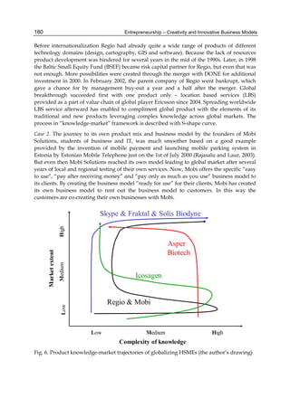 Entrepreneurship – Creativity and Innovative Business Models
180
Before internationalization Regio had already quite a wide range of products of different
technology domains (design, cartography, GIS and software). Because the lack of resources
product development was hindered for several years in the mid of the 1990s. Later, in 1998
the Baltic Small Equity Fund (BSEF) became risk capital partner for Regio, but even that was
not enough. More possibilities were created through the merger with DONE for additional
investment in 2000. In February 2002, the parent company of Regio went bankrupt, which
gave a chance for by management buy-out a year and a half after the merger. Global
breakthrough succeeded first with one product only – location based services (LBS)
provided as a part of value chain of global player Ericsson since 2004. Spreading worldwide
LBS service afterward has enabled to compliment global product with the elements of its
traditional and new products leveraging complex knowledge across global markets. The
process in “knowledge-market” framework is described with S-shape curve.
Case 2. The journey to its own product mix and business model by the founders of Mobi
Solutions, students of business and IT, was much smoother based on a good example
provided by the invention of mobile payment and launching mobile parking system in
Estonia by Estonian Mobile Telephone just on the 1st of July 2000 (Rajasalu and Laur, 2003).
But even then Mobi Solutions reached its own model leading to global market after several
years of local and regional testing of their own services. Now, Mobi offers the specific “easy
to use”, “pay after receiving money” and “pay only as much as you use” business model to
its clients. By creating the business model “ready for use” for their clients, Mobi has created
its own business model to rent out the business model to customers. In this way the
customers are co-creating their own businesses with Mobi.
Complexity of knowledge
Low High
Medium
High
Low
Market
extent
Medium
Regio & Mobi
Skype & Fraktal & Solis Biodyne
Asper
Biotech
Icosagen
Fig. 6. Product knowledge-market trajectories of globalizing HSMEs (the author’s drawing)
 