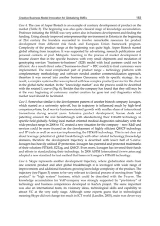 Creative Business Model Innovation for Globalizing SMEs 183
Case 4. The case of Asper Biotech is an example of contrary development of product on the
market (Table 2). The beginning was also quite classical stage of knowledge accumulation.
Professor initiating the HSME was very active also in business development and finding the
funding. Using already improved entrepreneurship environment in Estonia in the beginning
of 21st century the founders succeeded to involve remarkable resources for product
development from different risk funds and European Union framework program.
Complexity of the product range at the beginning was quite high. Asper Biotech started
global offering from inception. It was supported by advertising, research publications and
personal contacts of prof. Metspalu. Learning in the process of market development it
became clearer that in the specific business with very small shipments and mediation of
genotyping services “business-to-business” (B2B) model with local partners could not be
efficient. As a result direct sales (“business-to-client” – B2C model) to final customers were
implemented. The most complicated part of product range – technology platform with
complementary methodology and software needed another commercialization approach,
therefore it was moved into another business Genorama with its specific strategy. As a
result, a complex system-offer was replaced with less complex product/service for the client
in the global niche market. In the “knowledge-market” axis the process could be described
with the rotated L-curve (Fig. 6). Besides that the company has found that they still may be
at the very beginning of customary market creation for gene test and diagnostics which
market need should be facilitated.
Case 5. Somewhat similar is the development pattern of another biotech company Icosagen,
which started as a university spin-off, but its trajectory is influenced much by high-level
competence-base, local service business-oriented growth with smaller share of international
transactions during several years. Intensive product development, license deals and
patenting ensured the real breakthrough with standardizing their FITkit® technology in
specific field globally. Selling local market oriented medical diagnostics subsidiary with the
wide product range in 2008 to VC created a new situation for the company – now R&D and
services could be more focused on the development of highly efficient QMCF technology
and IP trade as well on services implementing the FITkit® technology. This is not clear yet
about leverage potential of global breakthrough with other related technology/knowledge
domains, therefore the development trajectory is described with lower half of S-curve.
Icosagen has heavily utilised IP protection. Icosagen has patented and protected trademarks
of their solutions FITkit®, E2Tag, and QMCF. Even more, Icosagen has invested their funds
and efforts in standardizing their technology. In 2008 ASTM International (www.astm.org)
adopted a new standard for test method that bases on Icosagen’s FITkit® technology.
Case 6. Skype represents another development trajectory, where globalization starts from
one concrete product and after global breakthrough it is leveraged with wide range of
improvements and additional functions growing knowledge complexity of the product. The
trajectory (see Figure 3) seems to be very relevant to classical process of moving from “high
product” to “high system” business, which could be described with the Γ-curve. The
knowledge accumulation for VoIP-company was strongly supported by “pre-history” of
technology and business competences developed in KaZaA project. The same important
was also an international team, its visionary ideas, technological skills and capability to
attract VC at the very early stage. Although some experts guess that in technological
meaning Skype did not change too much in ICT world (Landler, 2005), main was clever way
 