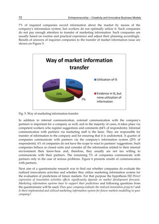 Entrepreneurship – Creativity and Innovative Business Models
72
7% of inquired companies record information about the market by means of the
company's information system, but workers do not optimally utilize it. Such companies
do not pay enough attention to transfer of marketing information. Such companies are
usually based on routine and practical experience and adjust their planning accordingly.
Results of answers of inquiries companies to the transfer of market information issue are
shown on Figure 5.
Fig. 5. Way of marketing information transfer
In addition to internal communication, external communication with the company's
partners is important for a company as well, and in the majority of cases, it takes place via
competent workers who register suggestions and comments (64% of respondents). Informal
communication with partners via marketing staff is the basis. They are responsible for
transfer of information to the company and for ensuring that it is undistorted. A quarter of
companies communicate with partners via the company's information system (25% of
respondents). 6% of companies do not have the scope to react to partners' suggestions. Such
companies behave as closed units and consider all the information related to their internal
environment their know-how and, therefore, they usually are not too willing to
communicate with their partners. The remaining 5% of companies communicate with
partners only in the case of serious problems. Figure 6 presents results of communication
with partners.
Next aim of a questionnaire research was to find out whether companies do evaluate the
realized innovations activities and whether they utilize marketing information system for
the evaluation of predictions of future markets. For that purpose the hypothesis H2 Direct
expression of innovation activities effects significantly depends on market development forecasts.
Marketing information systems have to support their predictions and following questions from
the questionnaire will be used: Does your company evaluate the realized innovation projects? and
Is there implemented and utilized marketing information system for future markets modelling in your
company?
32%
7%
29%
32%
Way of market information
transfer
Utilization of IS
Evidence in IS, but
none utilization of
information
 