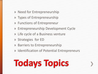 » Need for Entrepreneurship
» Types of Entrepreneurship
» Functions of Entrepreneur
» Entrepreneurship Development Cycle
» Life cycle of a Business venture
» Strategies for ED
» Barriers to Entrepreneurship
» Identification of Potential Entrepreneurs
 