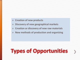 » Creation of new products
» Discovery of new geographical markets
» Creation or discovery of new raw materials
» New methods of production and organizing
 