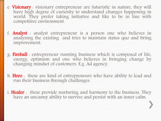 e. Visionary : visionary entrepreneur are futuristic in nature, they will
have high degree of curiosity to understand changes happening in
world. They prefer taking initiative and like to be in line with
competitive environment.
f. Analyst : analyst entrepreneur is a person one who believes in
analyzing the existing and tries to maintain status quo and bring
improvement.
g. Fireball : entrepreneur running business which is composed of life,
energy, optimism and one who believes in bringing change by
changing mindset of customers. E.g. Ad agency.
h. Hero : these are kind of entrepreneurs who have ability to lead and
run their business through challenges.
i. Healer : these provide nurturing and harmony to the business. They
have an uncanny ability to survive and persist with an inner calm.
 
