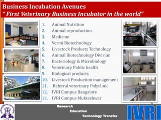 1. Animal Nutrition
2. Animal reproduction
3. Medicine
4. Vermi Biotechnology
5. Livestock Products Technology
6. Animal Biotechnology Division
7. Bacteriology & Microbiology
8. Veterinary Public health
9. Biological products
10. Livestock Production management
11. Referral veterinary Polyclinic
12. IVRI Campus Bangalore
13. IVRI Campus Mukteshwar
Business Incubation Avenues
“ First Veterinary Business Incubator in the world”
Research
Education
Technology Transfer
 