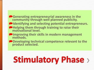 Generating entrepreneurial awareness in the
community through well planned publicity.
Identifying and selecting potential entrepreneurs.
Helping them through training to raise their
motivational level.
Improving their skills in modern management
methods.
Developing technical competence relevant to the
product selected.
 