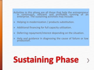Activities in this phase are all those that help the entrepreneur
in continuous, efficient and profitable running of an
enterprise. The sustaining activities may include:
» Helping in modernization / products substitution.
» Additional financing for full capacity utilization.
» Deferring repayment/interest depending on the situation.
» Help and guidance in diagnosing the cause of failure or low
production.
 