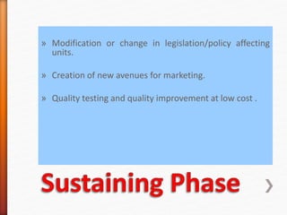 » Modification or change in legislation/policy affecting
units.
» Creation of new avenues for marketing.
» Quality testing and quality improvement at low cost .
 