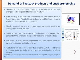 • Demand for animal food products is responsive to income
changes, and is expected to increase in future
• Rural poverty is less in states where livestock contributes more to
farm income eg., Punjab, Haryana, Jammu and Kashmir, Himachal
Pradesh, Kerala, Gujarat and Rajasthan
• Mostly, marginal farmers and those who have quit farming are
joining the livestock business.
• About 70 per cent of the livestock market in India is owned by 67
per cent of the small and marginal farmers and by the landless.
• Prosperity is now more dependent on per capita livestock
ownership than on agricultural farms
• Global market for animal products is expanding fast, and there is
an opportunity for India to improve its participation in global
market
(Report of The working group On Animal husbandry & dairying 12th Five year plan(2012-
17)
Demand of livestock products and entrepreneurship
 
