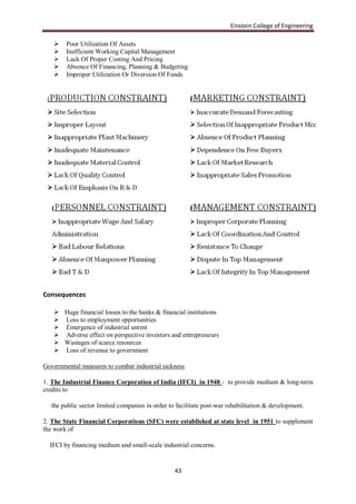 Einstein College of Engineering

       Poor Utilization Of Assets
       Inefficient Working Capital Management
       Lack Of Proper Costing And Pricing
       Absence Of Financing, Planning & Budgeting
       Improper Utilization Or Diversion Of Funds




Consequences

    Huge financial losses to the banks & financial institutions
    Loss to employment opportunities
    Emergence of industrial unrest
    Adverse effect on perspective investors and entrepreneurs
    Wastages of scarce resources
    Loss of revenue to government

Governmental measures to combat industrial sickness

1. The Industrial Finance Corporation of India (IFCI) in 1948 - to provide medium & long-term
credits to

   the public sector limited companies in order to facilitate post-war rehabilitation & development.

2. The State Financial Corporations (SFC) were established at state level in 1951 to supplement
the work of

  IFCI by financing medium and small-scale industrial concerns.


                                                  43
 