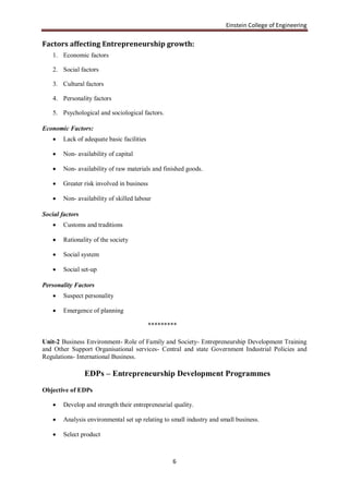 Einstein College of Engineering

Factors affecting Entrepreneurship growth:
    1. Economic factors

    2. Social factors

    3. Cultural factors

    4. Personality factors

    5. Psychological and sociological factors.

Economic Factors:
       Lack of adequate basic facilities

       Non- availability of capital

       Non- availability of raw materials and finished goods.

       Greater risk involved in business

       Non- availability of skilled labour

Social factors
       Customs and traditions

       Rationality of the society

       Social system

       Social set-up

Personality Factors
       Suspect personality

       Emergence of planning

                                            *********

Unit-2 Business Environment- Role of Family and Society- Entrepreneurship Development Training
and Other Support Organisational services- Central and state Government Industrial Policies and
Regulations- International Business.

                 EDPs – Entrepreneurship Development Programmes
Objective of EDPs

       Develop and strength their entrepreneurial quality.

       Analysis environmental set up relating to small industry and small business.

       Select product



                                                   6
 