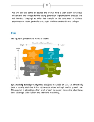 11
We will also use some bill-boards and we will hold a sport event in various
universities and colleges for the young generation to promote the product. We
will conduct campaign to offer free sample to the consumers in various
departmental stores, general stores, super markets universities and colleges.
BCG:
The figure of growth share matrix is shown:
Lip Smacking Beverage Company’s occupies the place of Star. So, Strawberry
juice is usually profitable. It has high market share and high market growth rate.
This product is absorbing a high level of cash to support increasing advertising,
sales coverage, sales support and additional machinery.
 