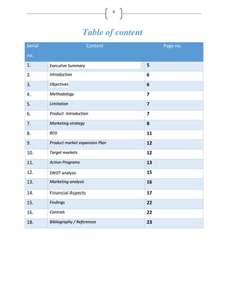 4
Table of content
Serial
no.
Content Page no.
1. Executive Summary 5
2. Introduction 6
3. Objectives 6
4. Methodology 7
5. Limitation 7
6. Product Introduction 7
7. Marketing strategy 8
8. BCG 11
9. Product market expansion Plan 12
10. Target markets 12
11. Action Programs 13
12. SWOT analysis 15
13. Marketing analysis 16
14. Financial Aspects 17
15. Findings 22
16. Controls 22
18. Bibliography / References 23
 