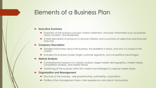 Elements of a Business Plan
 Executive Summary
 Overview of the business concept, mission statement, and basic information such as business
name, location, and leadership.
 A brief description of products or services offered, and a summary of objectives and financial
forecasts.
 Company Description
 Detailed information about the business, the problems it solves, and why it is unique in the
market.
 Includes the business model, target customer segments, and competitive advantages.
 Market Analysis
 Comprehensive research on industry outlook, target market demographics, market needs,
competition analysis, and market trends.
 Positioning of the business within the market and strategies to capture market share.
 Organization and Management
 Structure of the business - sole proprietorship, partnership, corporation.
 Profiles of the management team, their experience, and roles in the business.
 