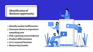 Identification of
Business opportunity:
Identify market inefficiencies
Customer desire to experience
something new
Pick a growing sector/industry
Product differentiation
Is it a seasonal business
Remove key hassles
1.
2.
3.
4.
5.
6.
 