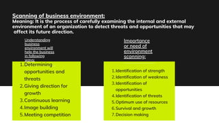 Scanning of business environment:
Meaning: It is the process of carefully examining the internal and external
environment of an organization to detect threats and opportunities that may
affect its future direction.
Understanding
business
environment will
help the business
in following
ways:
Determining
opportunities and
threats
Giving direction for
growth
Continuous learning
Image building
Meeting competition
1.
2.
3.
4.
5.
Identification of strength
Identification of weakness
Identification of
opportunities
Identification of threats
Optimum use of resources
Survival and growth
Decision making
1.
2.
3.
4.
5.
6.
7.
Importance
or need of
environment
scanning:
 