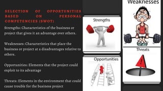SELECTION OF OPPORTUNITIES
BASED ON PERSONAL
COMPETENCIES (SWOT)
Strengths: Characteristics of the business or
project that gives it an advantage over others.
Weaknesses: Characteristics that place the
business or project at a disadvantages relative to
others.
Opportunities: Elements that the project could
exploit to its advantage
Threats: Elements in the environment that could
cause trouble for the business project
 
