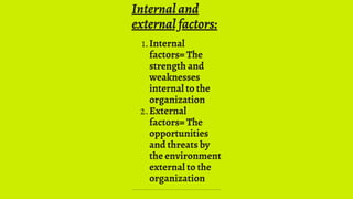 Internaland
externalfactors:
Internal
factors= The
strength and
weaknesses
internal to the
organization
External
factors= The
opportunities
and threats by
the environment
external to the
organization
1.
2.
 