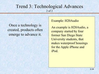 Trend 3: Technological Advances
2 of 2
Once a technology is
created, products often
emerge to advance it.
Example: H20Audio
An example is H20Audio, a
company started by four
former San Diego State
University students, that
makes waterproof housings
for the Apple iPhone and
iPod.
2-34
 