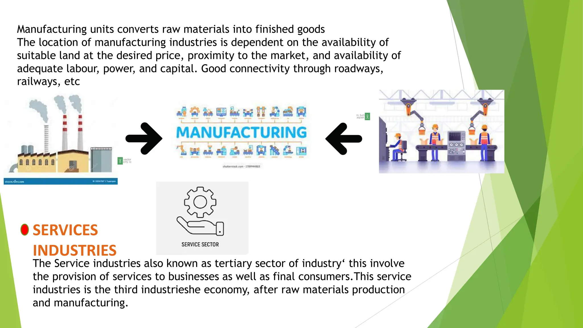 Manufacturing units converts raw materials into finished goods
The location of manufacturing industries is dependent on the availability of
suitable land at the desired price, proximity to the market, and availability of
adequate labour, power, and capital. Good connectivity through roadways,
railways, etc
SERVICES
INDUSTRIES
The Service industries also known as tertiary sector of industry‘ this involve
the provision of services to businesses as well as final consumers.This service
industries is the third industrieshe economy, after raw materials production
and manufacturing.
 