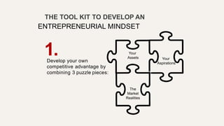 THE TOOL KIT TO DEVELOP AN
ENTREPRENEURIAL MINDSET
Develop your own
competitive advantage by
combining 3 puzzle pieces:
Yo...