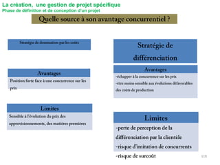 Quelle source à son avantage concurrentiel ?
118
Stratégie de domination par les coûts
Stratégie de
différenciation
Avantages
Position forte face à une concurrence sur les
prix
Limites
Sensible à l’évolution du prix des
approvisionnements, des matières premières
Avantages
-échapper à la concurrence sur les prix
-être moins sensible aux évolutions défavorables
des coûts de production
Limites
-perte de perception de la
différenciation par la clientèle
-risque d’imitation de concurrents
-risque de surcoût
La création, une gestion de projet spécifique
Phase de définition et de conception d’un projet
 