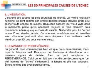 13
LES 30 PRINCIPALES CAUSES DE L’ECHEC
8. L’HÉSITATION.
C’est une des causes les plus courantes de l’échec. La “vieille hésitation
humaine” se tient comme son ombre derrière chaque individu, prête à lui
gâcher toute chance de succès. Beaucoup passent leur vie à vivre dans
la médiocrité parce qu’ils attendent toujours le “bon moment” pour
commencer à faire quelque chose de valable. N’attendez pas. Le “le bon
moment” ne viendra jamais. Commencez immédiatement et travaillez
avec n’importe quel outil dont vous disposez. Les meilleurs outils
viendront aussitôt que vous commencerez.
9. LE MANQUE DE PERSÉVÉRANCE.
En général, nous commençons bien ce que nous entreprenons, mais
nous le finissons mal. Beaucoup ont tendance à abandonner aux
premiers signes de défaite. Rien ne peut remplacer la
PERSÉVÉRANCE. Celui qui en fait son mot d’ordre découvre que “Le
vieil homme de l’échec” s’effondre à la longue et plie ses bagages.
Échec ne rime pas avec persévérance.
 
