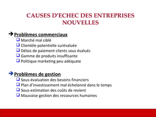 21
CAUSES D’ECHEC DES ENTREPRISES
NOUVELLES
Problèmes commerciaux
 Marché mal ciblé
 Clientèle potentielle surévaluée
 Délais de paiement clients sous évalués
 Gamme de produits insuffisante
 Politique marketing peu adéquate
Problèmes de gestion
 Sous-évaluation des besoins financiers
 Plan d’investissement mal échelonné dans le temps
 Sous-estimation des coûts de revient
 Mauvaise gestion des ressources humaines
 