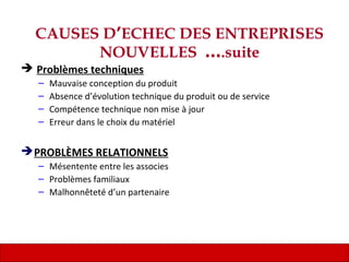 22
CAUSES D’ECHEC DES ENTREPRISES
NOUVELLES ….suite
 Problèmes techniques
– Mauvaise conception du produit
– Absence d’évolution technique du produit ou de service
– Compétence technique non mise à jour
– Erreur dans le choix du matériel
PROBLÈMES RELATIONNELS
– Mésentente entre les associes
– Problèmes familiaux
– Malhonnêteté d’un partenaire
 