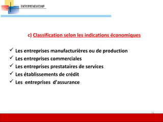 c) Classification selon les indications économiques
 Les entreprises manufacturières ou de production
 Les entreprises commerciales
 Les entreprises prestataires de services
 Les établissements de crédit
 Les entreprises d’assurance
41
 