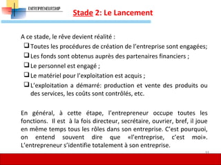 Stade 2: Le Lancement
A ce stade, le rêve devient réalité :
Toutes les procédures de création de l’entreprise sont engagées;
Les fonds sont obtenus auprès des partenaires financiers ;
Le personnel est engagé ;
Le matériel pour l’exploitation est acquis ;
L’exploitation a démarré: production et vente des produits ou
des services, les coûts sont contrôlés, etc.
En général, à cette étape, l’entrepreneur occupe toutes les
fonctions. Il est à la fois directeur, secrétaire, ouvrier, bref, il joue
en même temps tous les rôles dans son entreprise. C’est pourquoi,
on entend souvent dire que «l’entreprise, c’est moi».
L’entrepreneur s’identifie totalement à son entreprise.
44
 