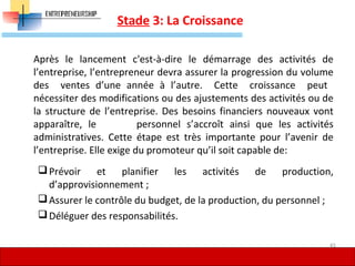 Stade 3: La Croissance
Après le lancement c'est-à-dire le démarrage des activités de
l’entreprise, l’entrepreneur devra assurer la progression du volume
des ventes d’une année à l’autre. Cette croissance peut
nécessiter des modifications ou des ajustements des activités ou de
la structure de l’entreprise. Des besoins financiers nouveaux vont
apparaître, le personnel s’accroît ainsi que les activités
administratives. Cette étape est très importante pour l’avenir de
l’entreprise. Elle exige du promoteur qu’il soit capable de:
Prévoir et planifier les activités de production,
d’approvisionnement ;
Assurer le contrôle du budget, de la production, du personnel ;
Déléguer des responsabilités.
45
 