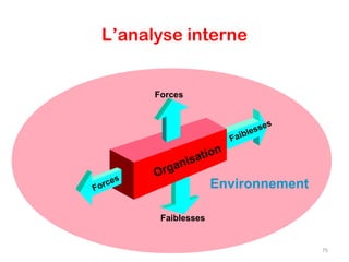 L’analyse interne
Organisation
Environnement
Faiblesses
Faiblesses
Forces
Forces
75
 
