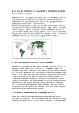 Do's & Don'ts: Entrepreneurship in emerging markets