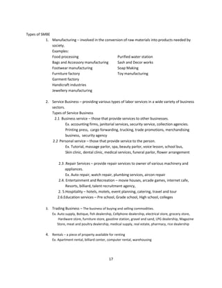 Types of SMBE
           1. Manufacturing – involved in the conversion of raw materials into products needed by
              society.
              Examples:
              Food processing                        Purified water station
              Bags and Accessory manufacturing       Sash and Decor works
              Footwear manufacturing                 Soap Making
              Furniture factory                      Toy manufacturing
              Garment factory
              Handicraft industries
              Jewellery manufacturing

           2. Service Business – providing various types of labor services in a wide variety of business
              sectors.
              Types of Service Business
               2.1 Business service – those that provide services to other businesses.
                       Ex. accounting firms, janitorial services, security service, collection agencies.
                       Printing press, cargo forwarding, trucking, trade promotions, merchandising
                       business, security agency
              2.2 Personal service – those that provide service to the person.
                       Ex. Tutorial, massage parlor, spa, beauty parlor, voice lesson, school bus,
                       Skin clinic, dental clinic, medical services, funeral parlor, flower arrangement

                    2.3 .Repair Services – provide repair services to owner of various machinery and
                        appliances.
                         Ex. Auto repair, watch repair, plumbing services, aircon repair
                    2.4. Entertainment and Recreation – movie houses, arcade games, internet cafe,
                         Resorts, billiard, talent recruitment agency,
                   2. 5.Hospitality – hotels, motels, event planning, catering, travel and tour
                   2.6.Education services – Pre school, Grade school, High school, colleges

           3.   Trading Business – The business of buying and selling commodities.
                Ex. Auto supply, Botique, fish dealership, Cellphone dealership, electrical store, grocery store,
                    Hardware store, furniture store, gasoline station, gravel and sand, LPG dealership, Magazine
                    Store, meat and poultry dealership, medical supply, real estate, pharmacy, rice dealership

           4. Rentals – a piece of property available for renting
                Ex. Apartment rental, billiard center, computer rental, warehousing




                                                      17
 
