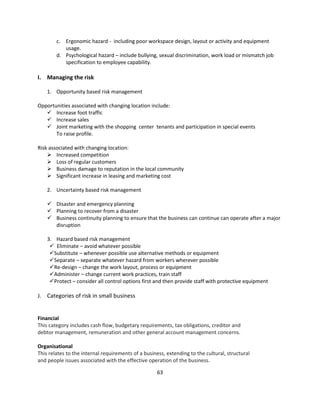 c. Ergonomic hazard - including poor workspace design, layout or activity and equipment
           usage.
        d. Psychological hazard – include bullying, sexual discrimination, work load or mismatch job
           specification to employee capability.

I. Managing the risk

    1. Opportunity based risk management

Opportunities associated with changing location include:
    Increase foot traffic
    Increase sales
    Joint marketing with the shopping center tenants and participation in special events
       To raise profile.

Risk associated with changing location:
     Increased competition
     Loss of regular customers
     Business damage to reputation in the local community
     Significant increase in leasing and marketing cost

    2. Uncertainty based risk management

     Disaster and emergency planning
     Planning to recover from a disaster
     Business continuity planning to ensure that the business can continue can operate after a major
      disruption

    3. Hazard based risk management
      Eliminate – avoid whatever possible
     Substitute – whenever possible use alternative methods or equipment
     Separate – separate whatever hazard from workers wherever possible
     Re-design – change the work layout, process or equipment
     Administer – change current work practices, train staff
     Protect – consider all control options first and then provide staff with protective equipment

J. Categories of risk in small business


Financial
This category includes cash flow, budgetary requirements, tax obligations, creditor and
debtor management, remuneration and other general account management concerns.

Organisational
This relates to the internal requirements of a business, extending to the cultural, structural
and people issues associated with the effective operation of the business.

                                                    63
 
