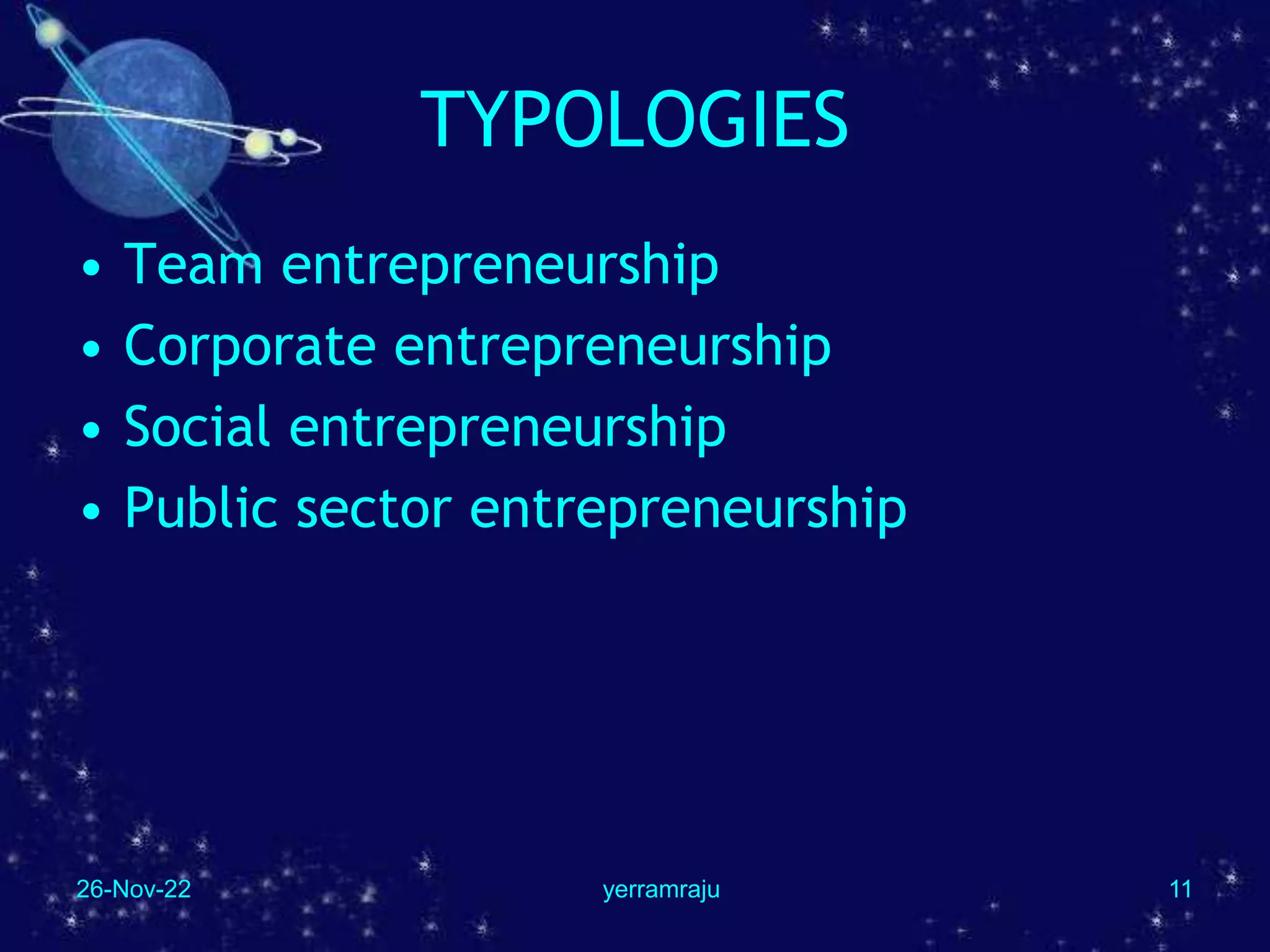 26-Nov-22 yerramraju 11
TYPOLOGIES
• Team entrepreneurship
• Corporate entrepreneurship
• Social entrepreneurship
• Public sector entrepreneurship
 
