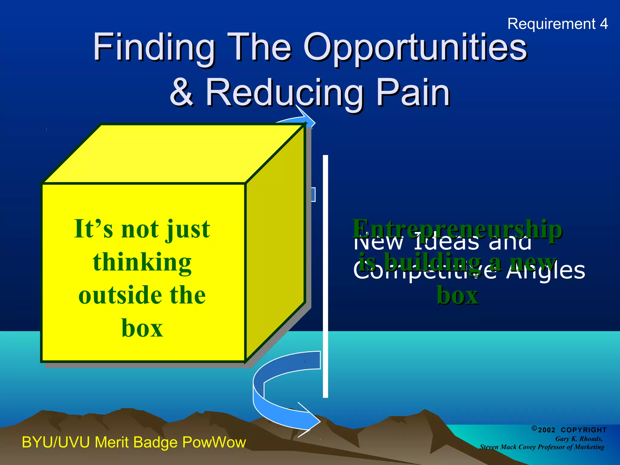 FFiinnddiinngg TThhee OOppppoorrttuunniittiieess 
&& RReedduucciinngg PPaaiinn 
GGeettttiinngg 
TThhrroouugghh && AArroouunndd 
BBaarrrriieerrss 
BYU/UVU Merit Badge PowWow 
EEnnttrreepprreenneeuurrsshhiipp 
iiss bbuuiillddiinngg aa nneeww 
New Ideas and 
Competitive Angles 
©2002 COPYRIGHT 
Gary K. Rhoads, 
bbooxx 
Steven Mack Covey Professor of Marketing 
It’s not just 
thinking 
outside the 
box 
Requirement 4 
 