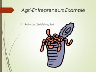 Agri-Entrepreneurs Example


Raise and Sell Fishing Bait

 