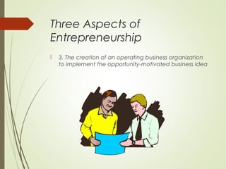 Three Aspects of
Entrepreneurship


3. The creation of an operating business organization
to implement the opportunity-motivated business idea

 