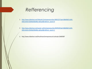 Refferencing
1. http://www.slideshare.net/YAboukir1/entrepreneurship-30601237?qid=58b69b05-b345445b-b430-425640af36b4&v=default&b=&from_search=4

2. http://www.slideshare.net/javeed_asif/entrepreneurship-9029530?qid=58b69b05-b345445b-b430-425640af36b4&v=default&b=&from_search=1

3. http://www.slideshare.net/khushimain/entrepreneurial-attitude-26405907

 